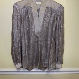 Tory Burch Metallic Taupe-Gray Long-Sleeve Blouse